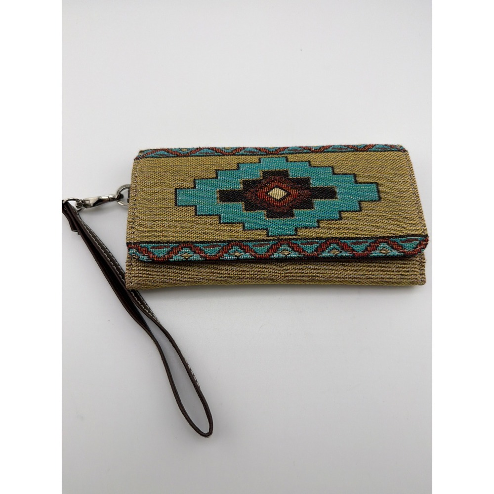 Southwestern Tapestry Wristlet Wallet Aztec Turquoise Tan Clutch